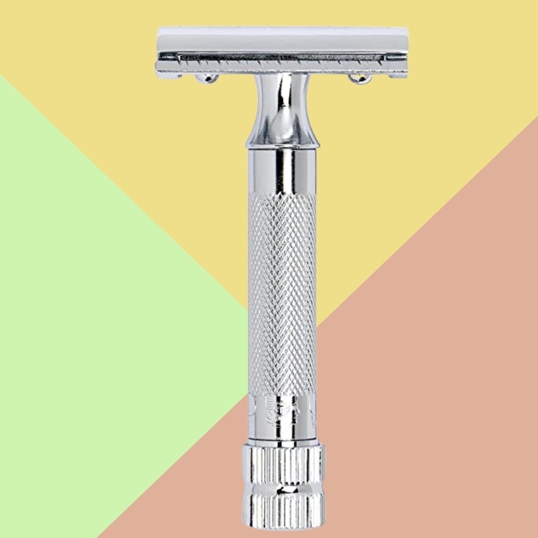 A double-edged safety razor with a short, heavy handle
